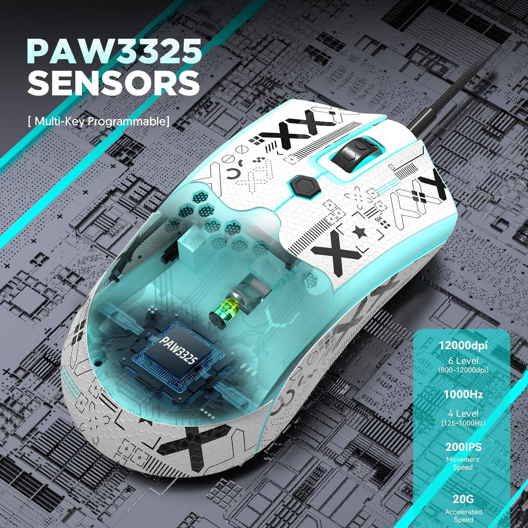383 PRO M5 Ultraleichte kabelgebundene Gaming-Maus, leichte Wabenschale, Pixart PAW3325, 6 einstellb