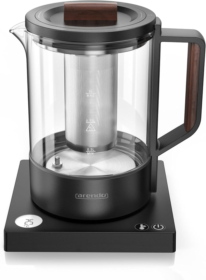 Arendo - Glas Wasserkocher mit Temperatureinstellung - Edelstahl Teekocher 1 Liter – Integriertes Te