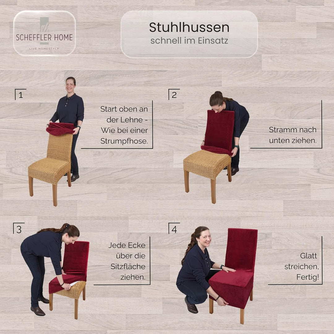 SCHEFFLER-Home Stretch Stuhlhussen Samt Puma Velvet/Velours Stuhlhussen 4er Set Grau lang/Stuhlabdec