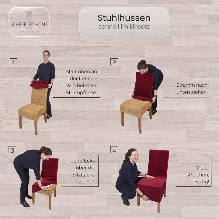SCHEFFLER-Home Stretch Stuhlhussen Samt Puma Velvet/Velours Stuhlhussen Schwarz 4er Set/Stuhlabdecku