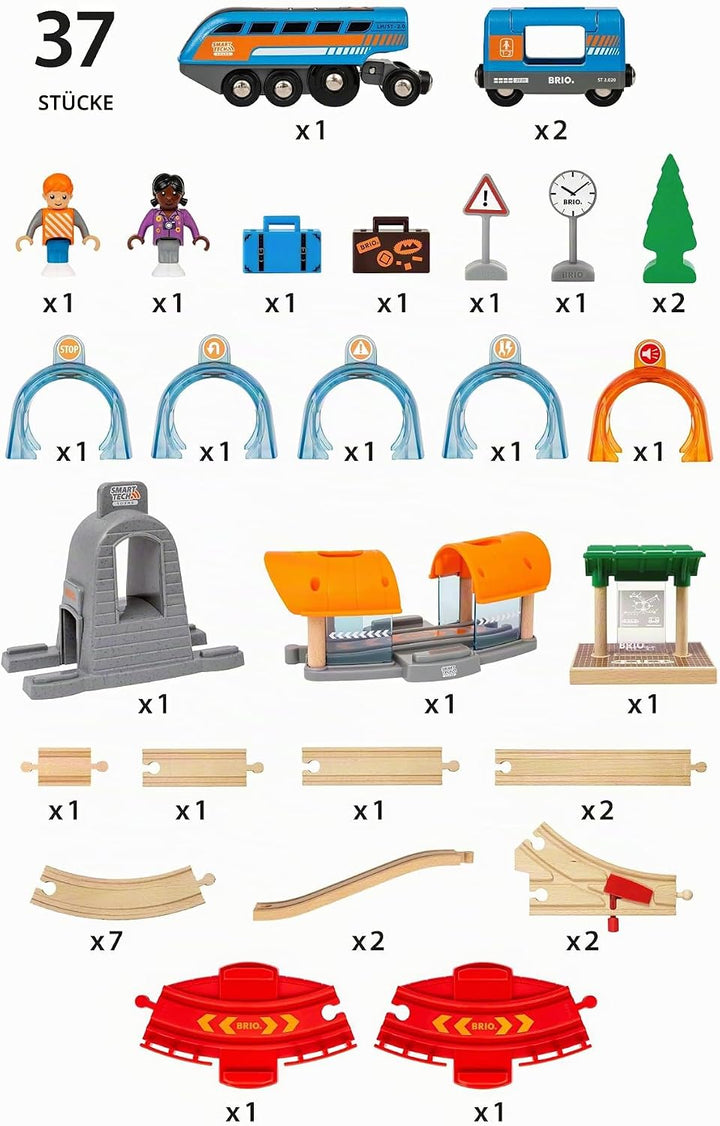 BRIO World 33972 Smart Tech Sound Action Tunnel Reisezug Set Elektrischer Zug mit Schienen &amp; Tunnel