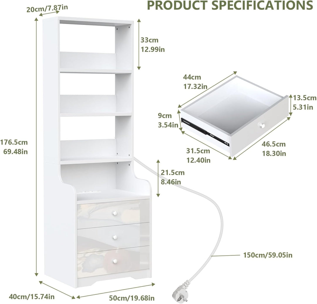 PIPIPOXER 2er Set Nachttisch mit Steckdose & USB,Nachttisch Weiss Hochglanz mit 3 Schubladen, Modern