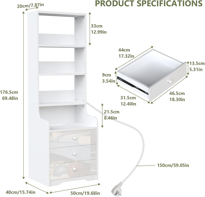 PIPIPOXER 2er Set Nachttisch mit Steckdose & USB,Nachttisch Weiss Hochglanz mit 3 Schubladen, Modern
