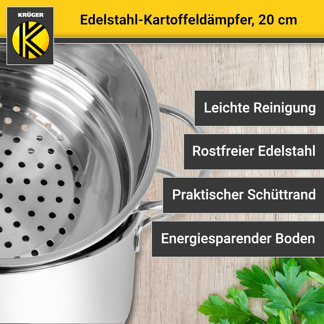 Krüger Edelstahl-Kartoffeldämpfer mit Glasdeckel - Bio-Dünster mit praktischem Schüttrand & energies