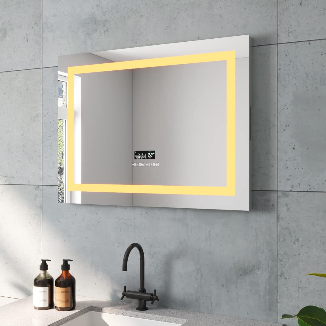 AQUABATOS Brussels-Serie Badspiegel Badezimmerspiegel mit Beleuchtung 80x60 cm Uhr Bluetooth Lautspr