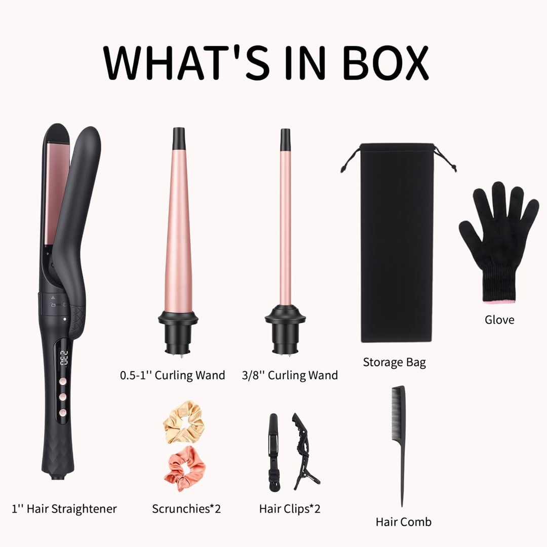 3-in-1 Lockenstab Set mit Glätteisen, Austauschbare Keramik-Turmalin Aufsätze für Grosse & Kleine Lo