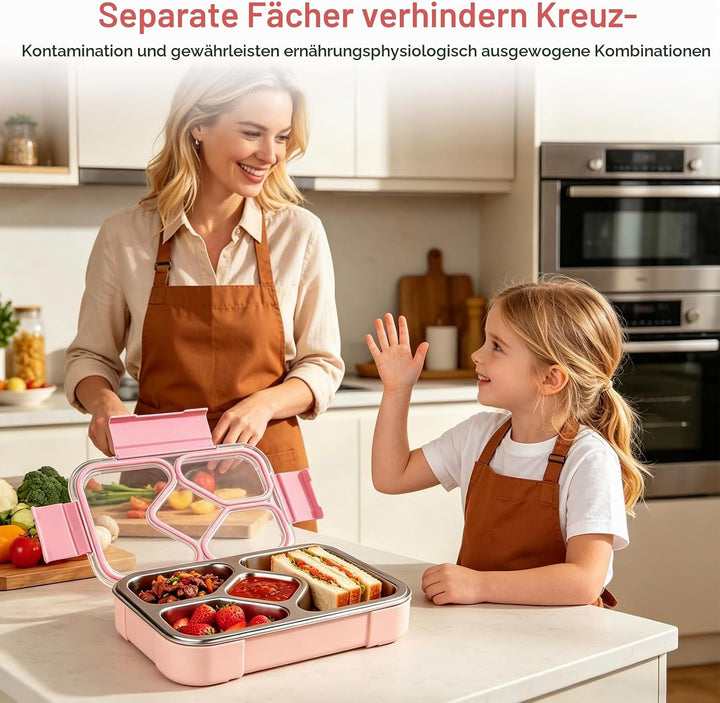 Edelstahl Brotdose Kinder,1020ml Metall Bento Lunchbox mit 4 Fächern Auslaufsichere Brotbox Kinderga