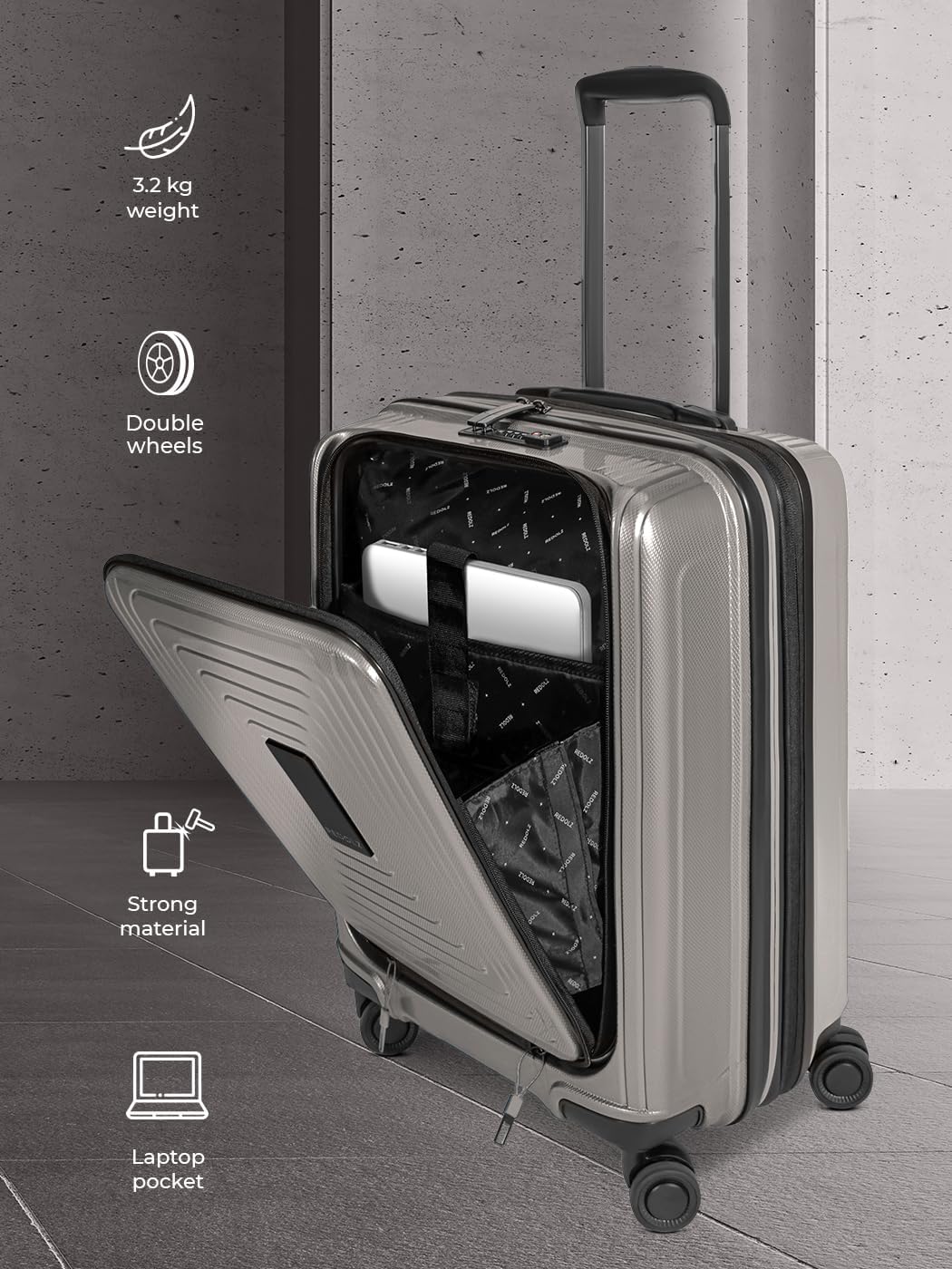 REDOLZ Handgepäck mit Laptopfach | Ultra-leichter Koffer 40 x 23 x 55 cm & Frontöffnung | von 45 auf