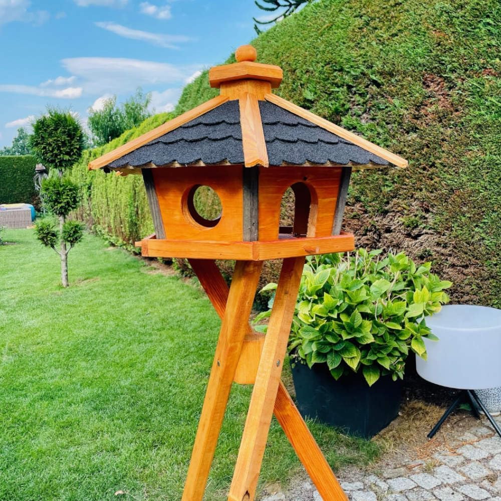 Vogel Futter Haus L oder XL Sechseck Holz Vogelhaus Futterstelle Braun/Blau, Rot, Schwarz und Grün (