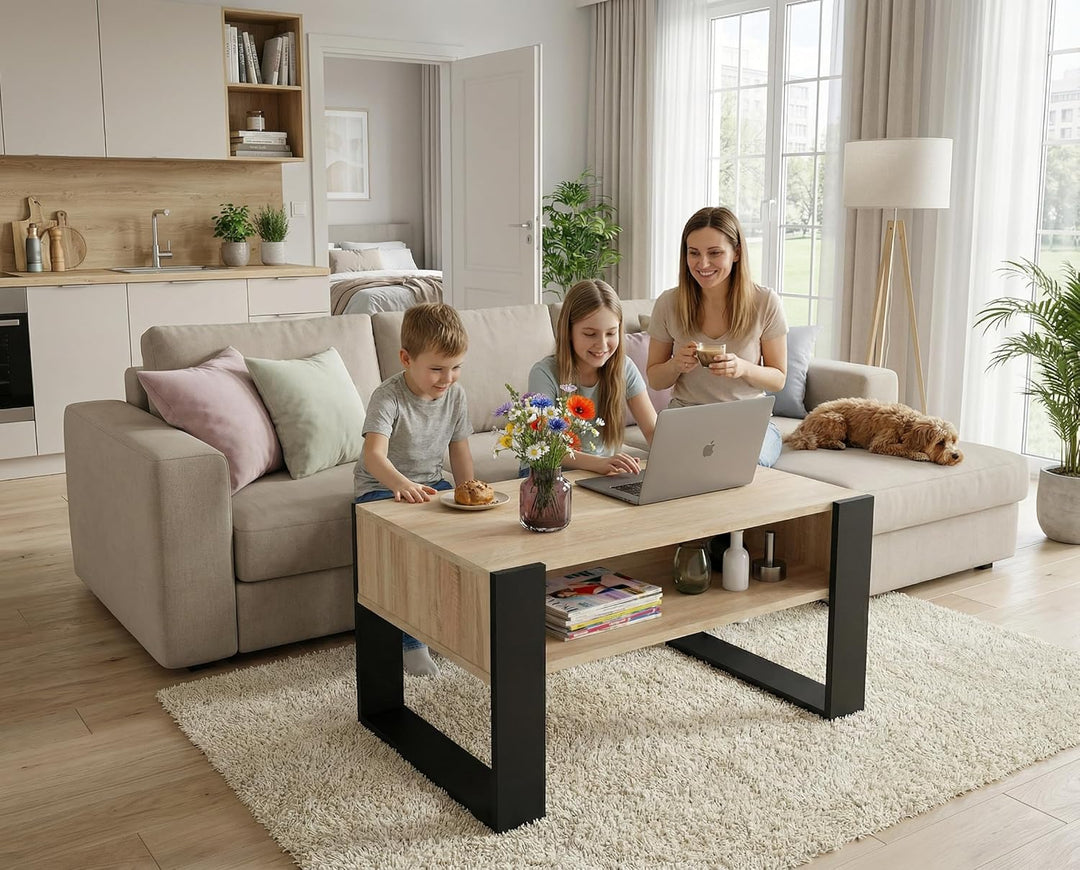 CraftPAK Wohnzimmer Tisch für Couch aus hochwertigem Holz, moderner Couchtisch mit zusätzlicher Abla