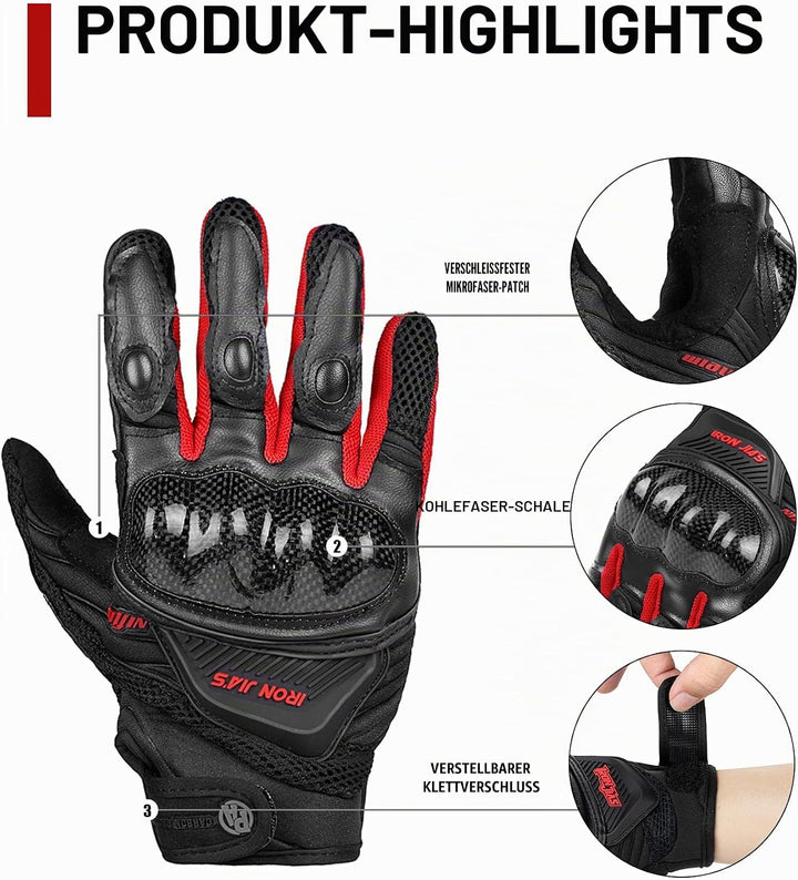BORLENI Motorradhandschuhe Atmungsaktive Motorradhandschuhe Leder Vollfinger Knöchelschutzpolster To