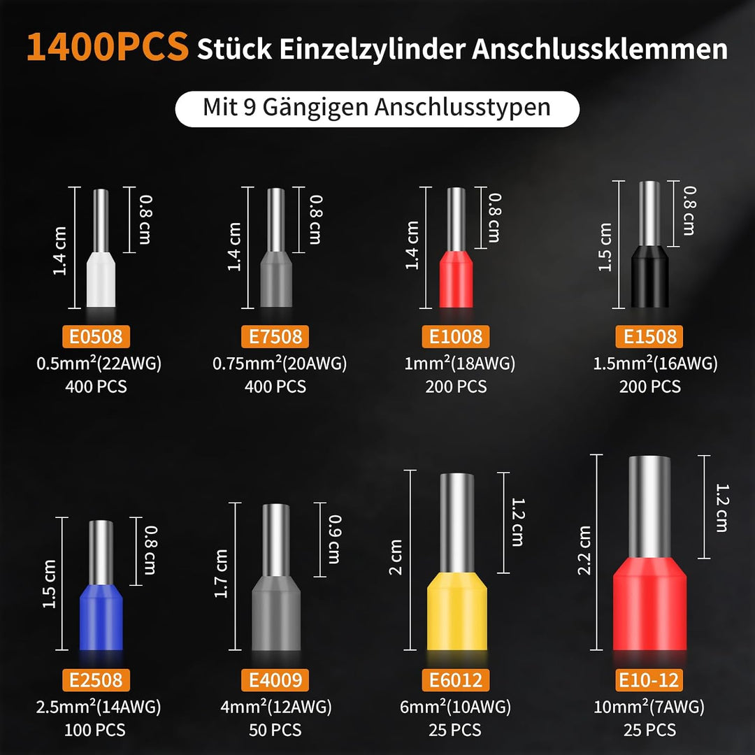 Aderendhülsen Set mit 1400 Stück, Crimpzange Set, für 0,25-10 mm² Aderendhülsen, Aderendhülsenzange