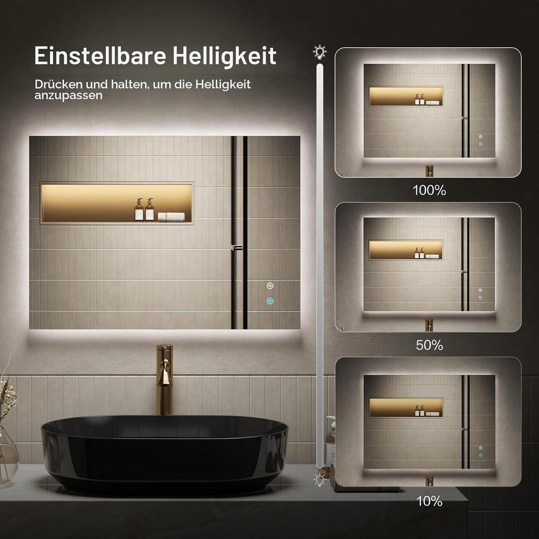 Badspiegel mit Beleuchtung Rechteckig 50x70cm,Touch-Schalter, Dimmbar,Beschlagfrei,3 Lichtfarben Dim