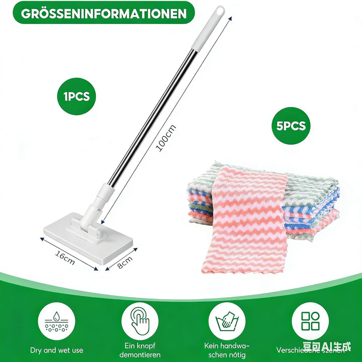 Wischmopp mit Druck Klemm System, Waschmopp Mit 10 Wiederverwendbaren Mikrofasertüchern Ohne Waschen