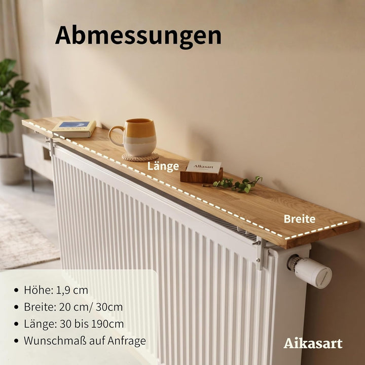 Heizungsregal Eiche Massiv – Ohne Bohren – Individuelle Länge 30-190 cm – Zum Aufstecken – Handgefer