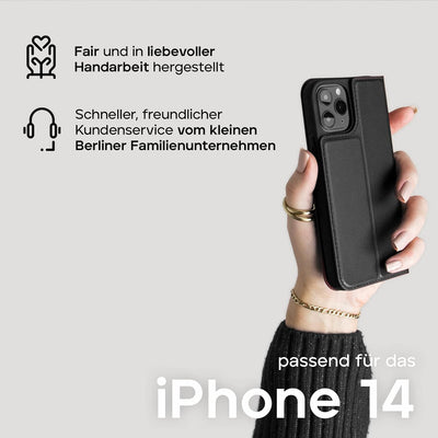 WIIUKA Hülle für iPhone 14, Leder aus Deutschland, mit Kartenfach, extra Dünn, Handyhülle mit Standf