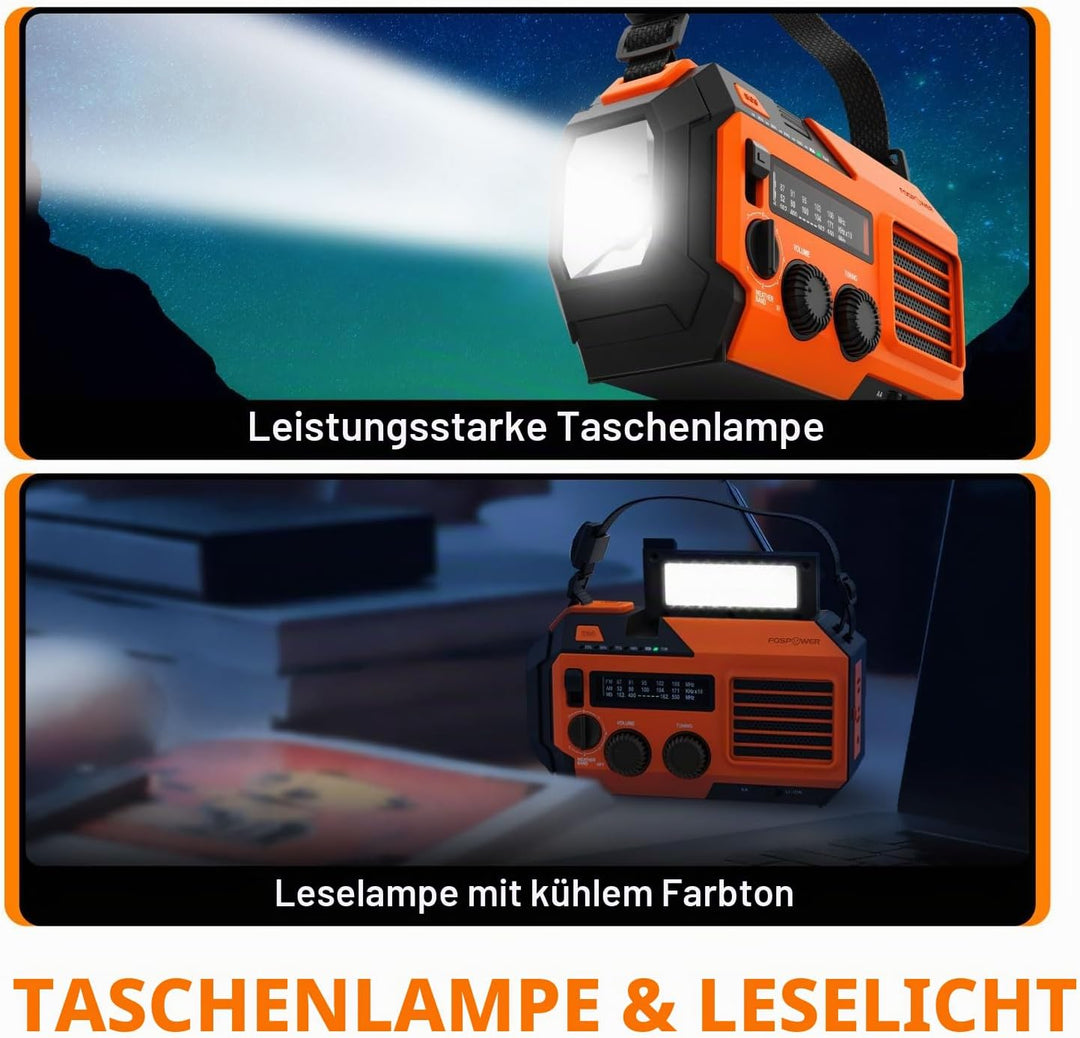 FosPower - Notfallradio NOAA/AM/FM mit 19240mWh (5200mAh) Tragbare Powerbank - Aufladung per USB/Sol