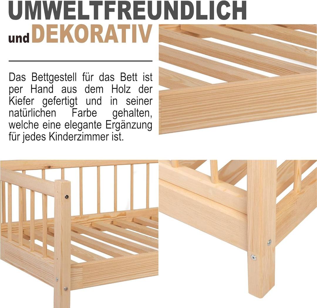 Alije Kinderbett Bett mit Rausfallschutz 90x190cm NINA Lattenrost Bettgestell aus Kiefer Holz für Ha