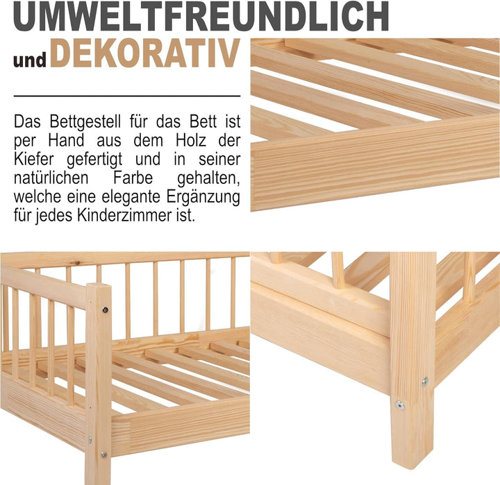 Alije Kinderbett Bett mit Rausfallschutz 90x190cm NINA Lattenrost Bettgestell aus Kiefer Holz für Ha