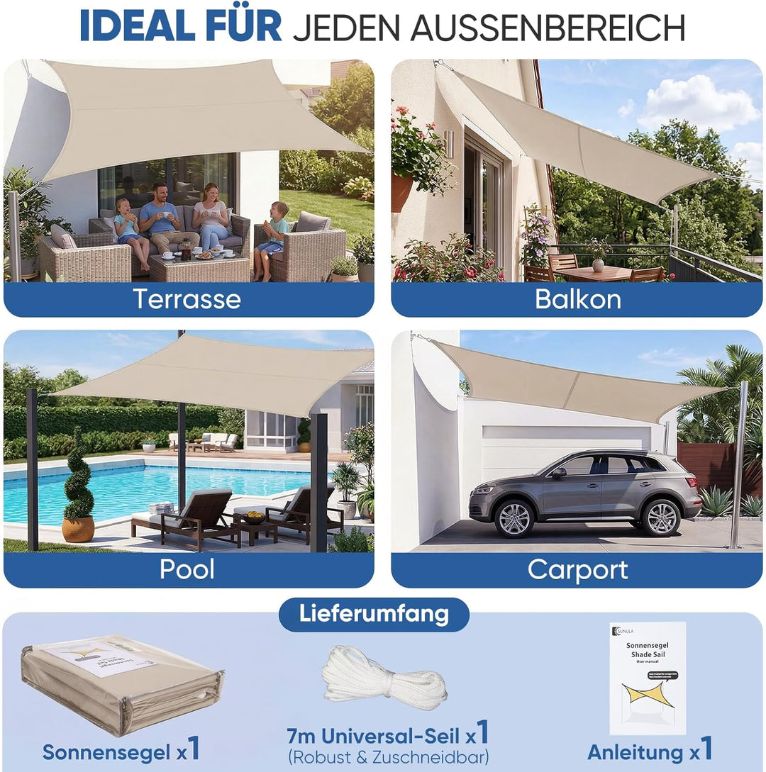 Sunula Sonnensegel Wasserdicht 3x3m Quadratisch – hochdichtes PES 160g/m², mit umlaufendem Gurtband