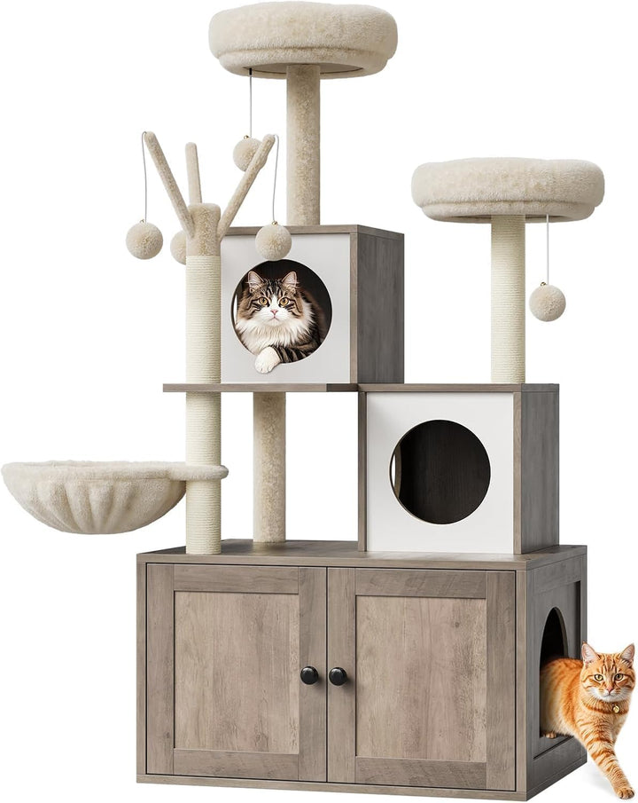 Katzenbaum Mit Katzenklo Schrank, 146 cm Hoch, Katzenhaus Aus Holz Mit Kratzbaum, HäNgeball, Katzenr
