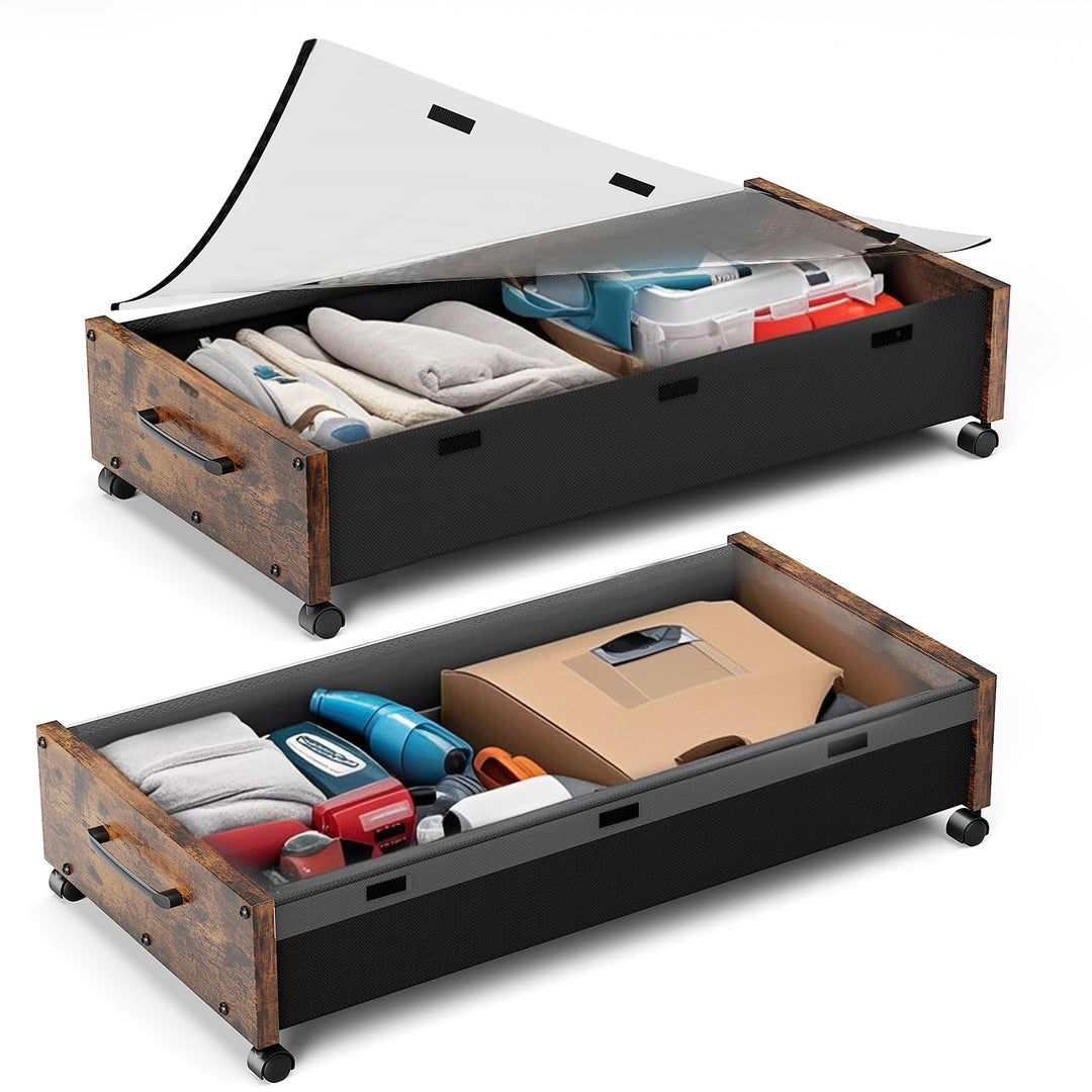 Set von 2 Bettkasten mit Rollen, abnehmbares Fenster, extra breite Metallschublade für Kleidung (bra