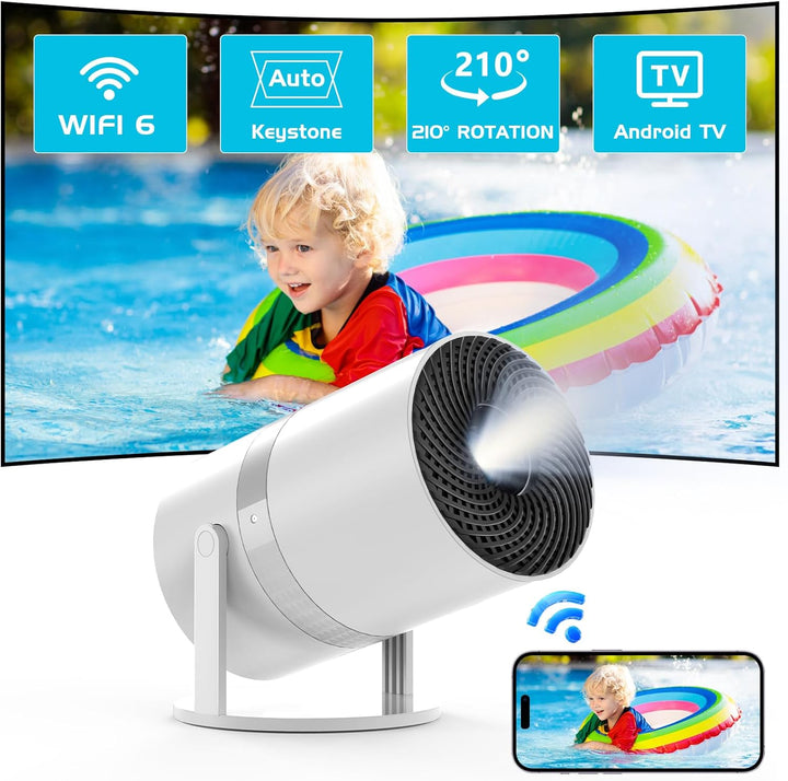 Mini Beamer Auto Trapezkorrektur mit Android OS, 210°Drehbarer, Smart Beamer WiFi6 Bluetooth mit 50%