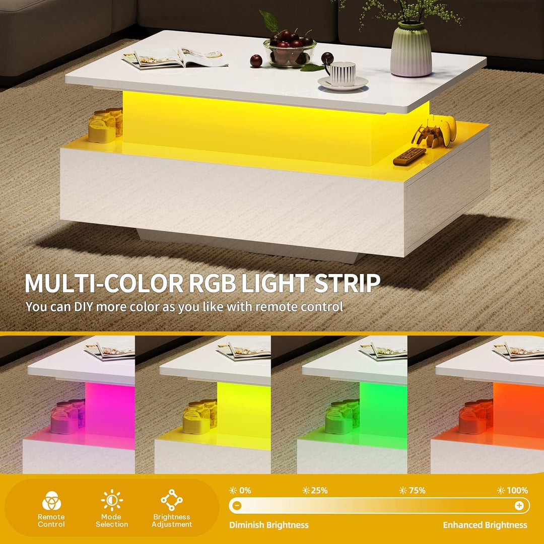 DWVO Couchtisch Hochglanz mit Schublade, Wohnzimmertisch Höhenverstellbar Modern mit 16-farbigem LED