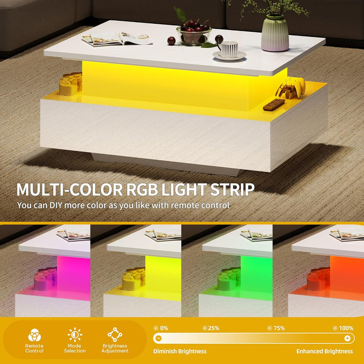 DWVO Couchtisch Hochglanz mit Schublade, Wohnzimmertisch Höhenverstellbar Modern mit 16-farbigem LED