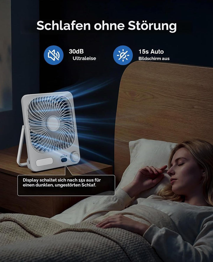 Akku Ventilator: 10000mAh 40H Tischventilator Leise mit 100 Stufen, 15s Auto-Aus LED Display, Reinig