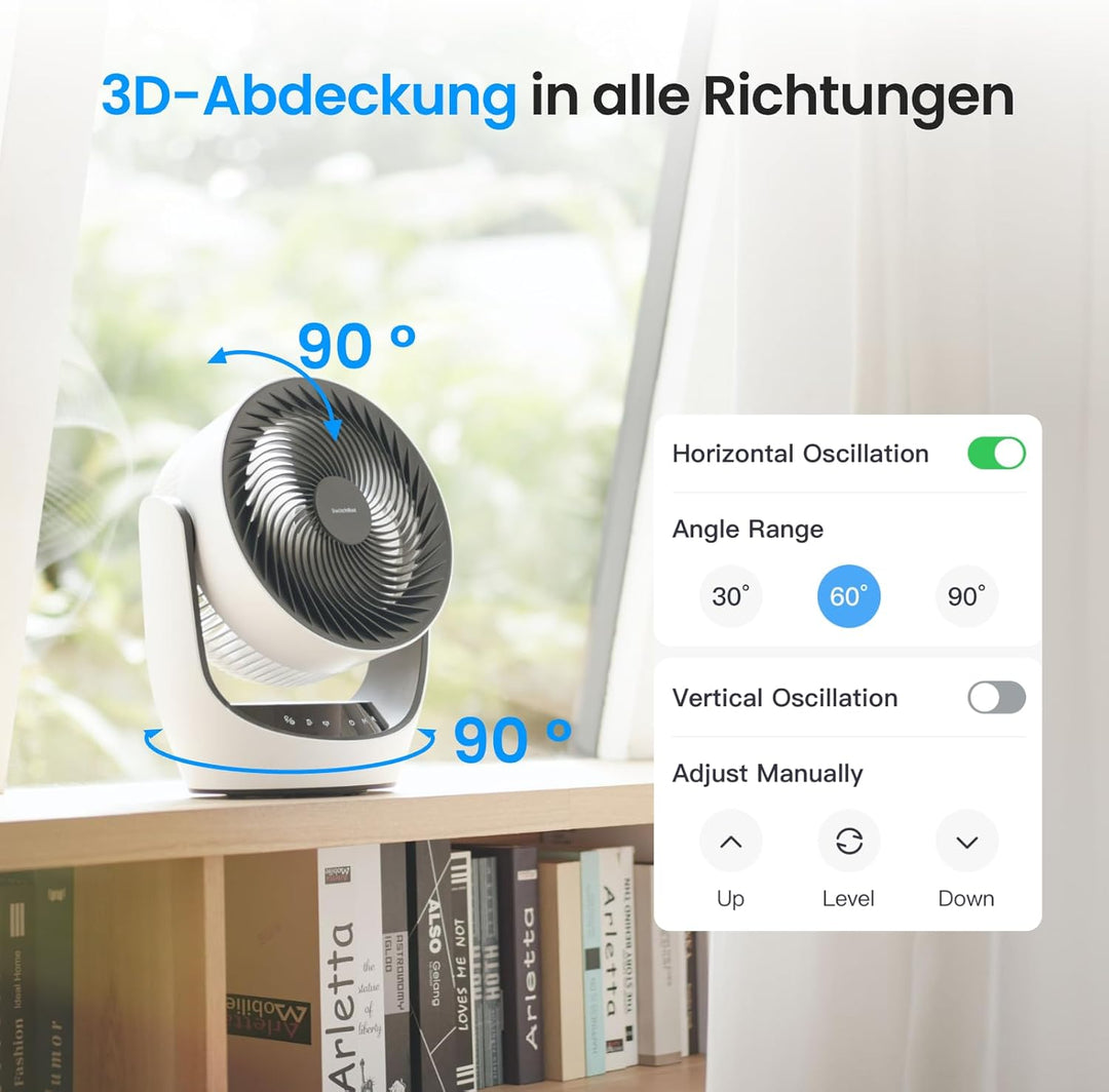 SwitchBot USB Tischventilator, leistungsstarker 24 dB leiser Batterie-Umluftventilator, Kompatibel m