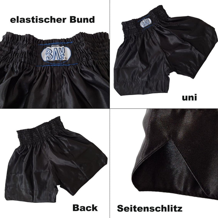 BAY® "REMY Uni schwarz Black, Thaiboxhose, Thaiboxshort, MMA Hose Short Thaiboxen Muay Thai, Satin,