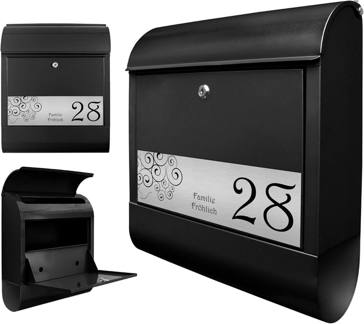 banjado® Briefkasten personalisiert mit graviertem Namensschild in Silber/Briefkasten schwarz 39x47x