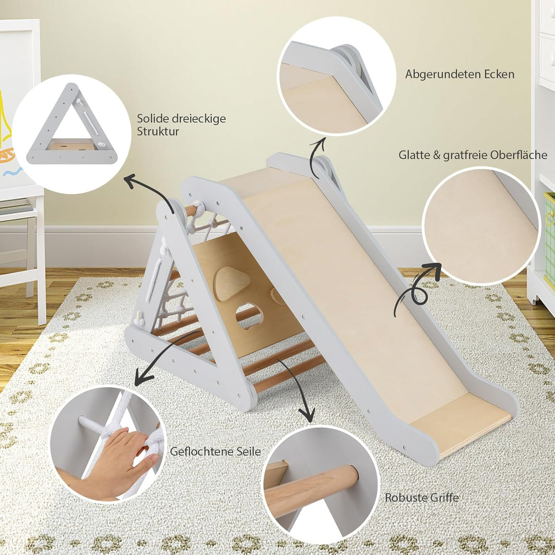 COSTWAY 4 in 1 Kletterdreieck mit Rutsche, Klettergerüst aus Holz, Sprossendreieck zum Rutschen und