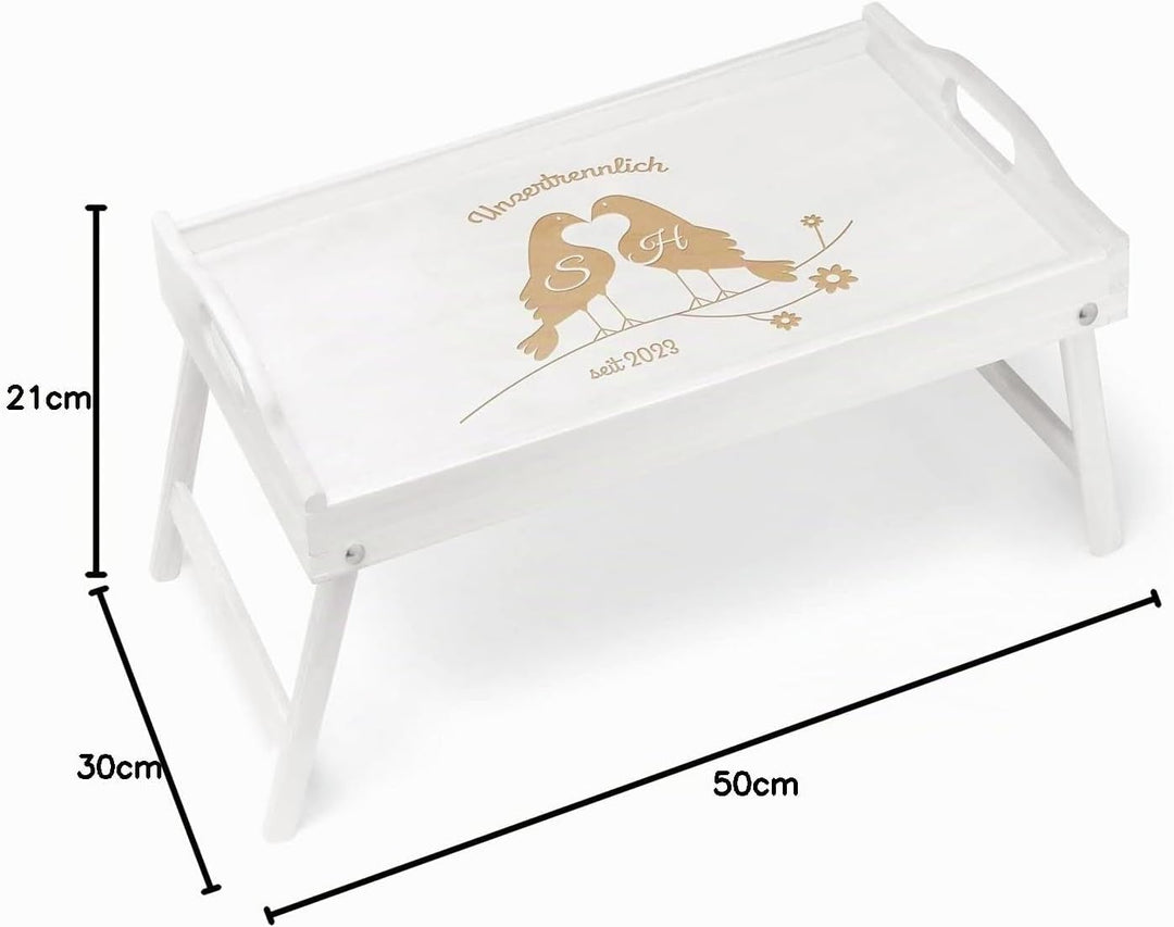 Maverton Frühstückstablett mit Gravur - für Zwei - Betttisch mit Griffen - klappbare Beine - Weiss -