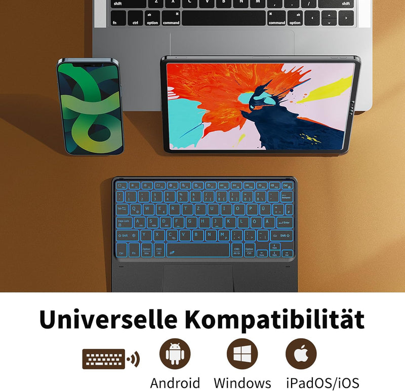 CACOE Tastatur mit Touchpad, QWERTZ Tastatur Kabellose mit 7 Farben Beleuchtete kompatibel mit iPad,