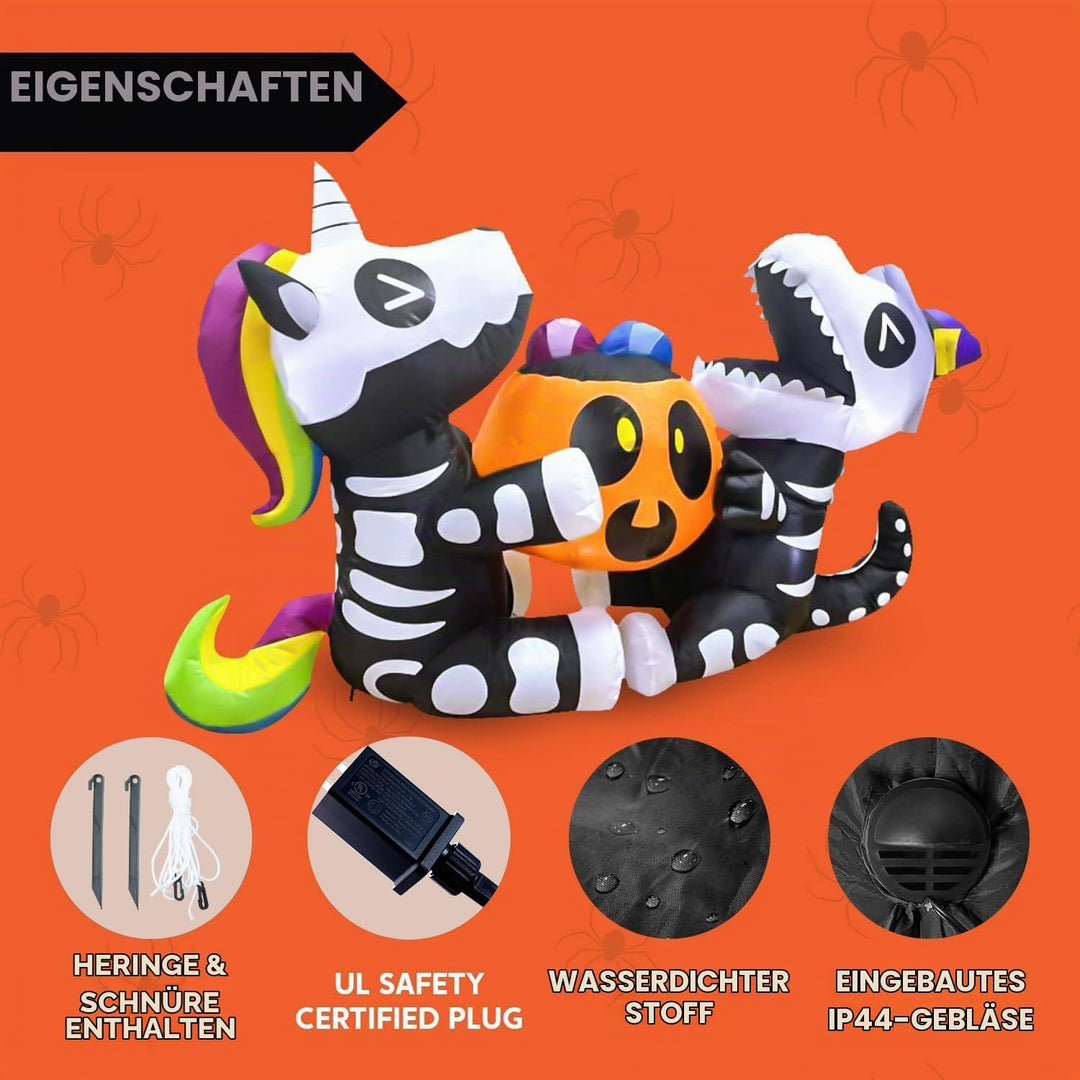 Joiedomi 1,8 m langes Halloween Aufblasbares Sitzendes Skelett Einhorn und Dinosaurier Halten Kürbis