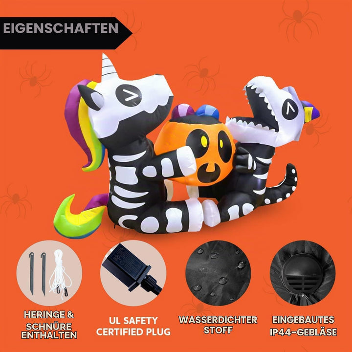 Joiedomi 1,8 m langes Halloween Aufblasbares Sitzendes Skelett Einhorn und Dinosaurier Halten Kürbis