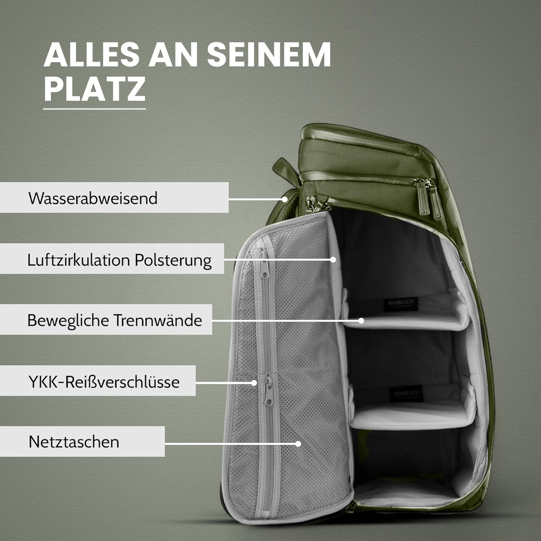 Zeeksack The Organizer - Rucksack Grün 20L - Wasserabweisender Reiserucksack mit Laptopfach, herausn