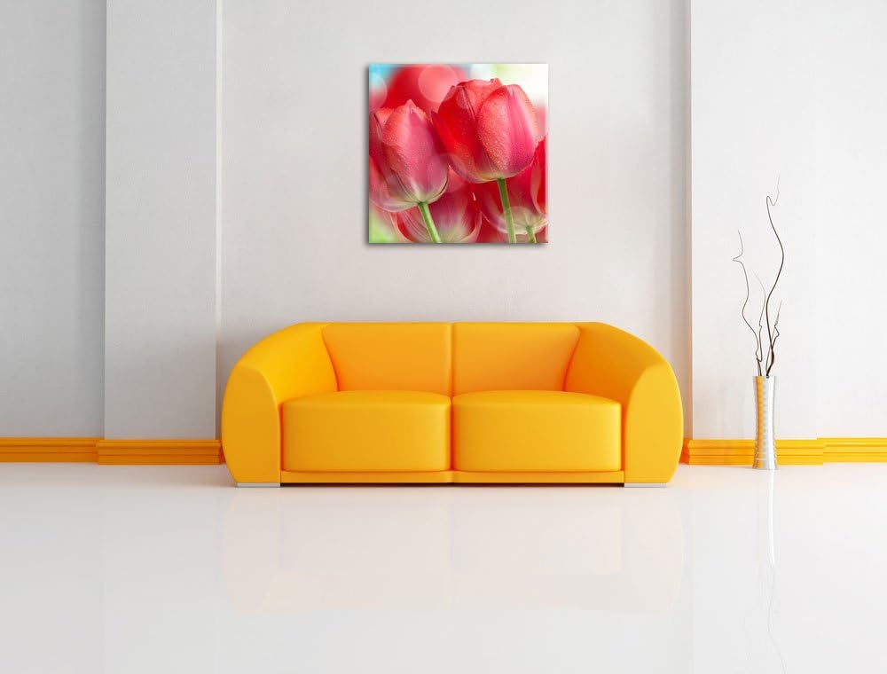 Pixxprint Rote Tulpen, Format: 70x70 auf Leinwand, XXL riesige Bilder fertig gerahmt mit Keilrahmen,