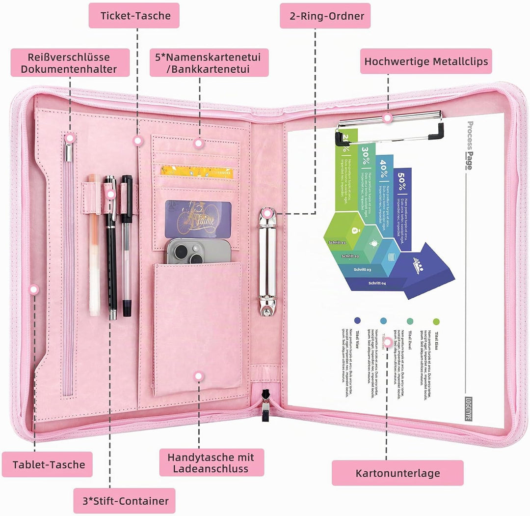 Schreibmappe 2 Ringbuch A4 Konferenzmappe Reissverschluss Leder Wasserdicht Organizer Mappe Dokument