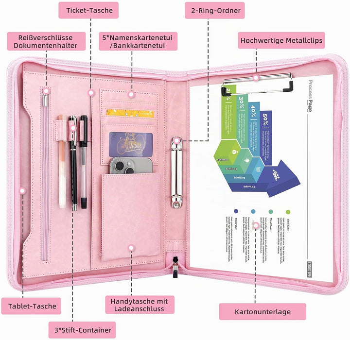 Schreibmappe 2 Ringbuch A4 Konferenzmappe Reissverschluss Leder Wasserdicht Organizer Mappe Dokument