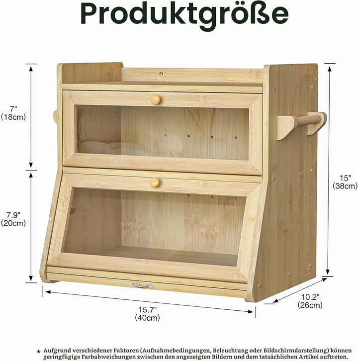 Brotkasten Bambus 2 Etagen, Bambus Brotkasten Holz mit Schneidebrett, Eco Brotbox Brotkorb mit Belüf
