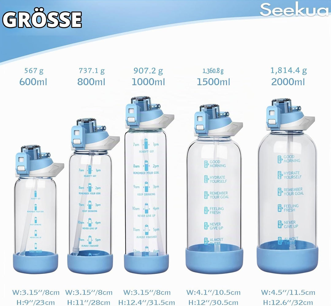 Seekua 0.6l Sport Trinkflasche Glas Flasche mit Strohhalm &amp; Zeitmarkierung für Kinder, Schule 600ml