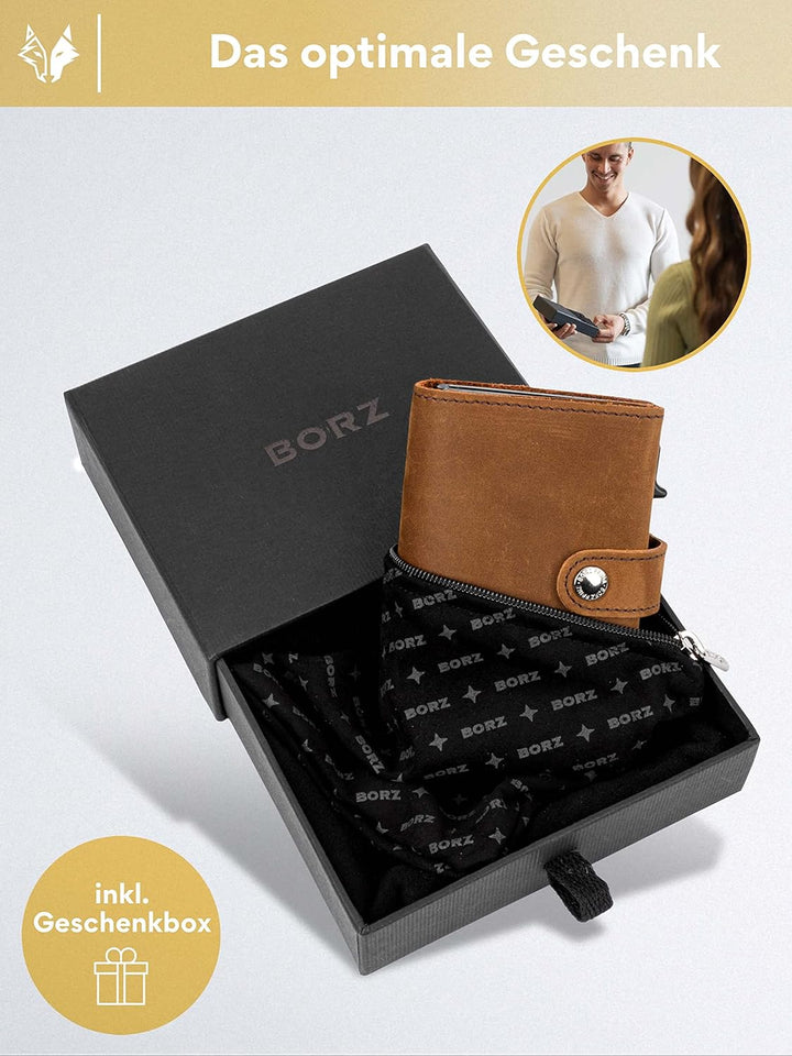 BORZ Prime ® Slim Wallet mit Münzfach AirTag kompatibel I Kartenetui mit RFID Schutz I Mini Geldbörs