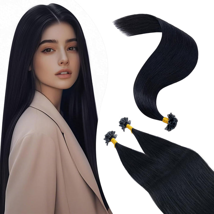 Elailite Extensions Echthaar Bonding 1g/s 40cm #1 Schwarz U Tip Hair Extensions Keratin 100 Strähne