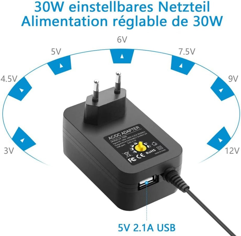 SHNITPWR Universal Netzteil 3V 4.5V 5V 6V 9V 12V Netzteil AC/DC 1A 2A 2.5A 30W Schaltnetzteil Adapte