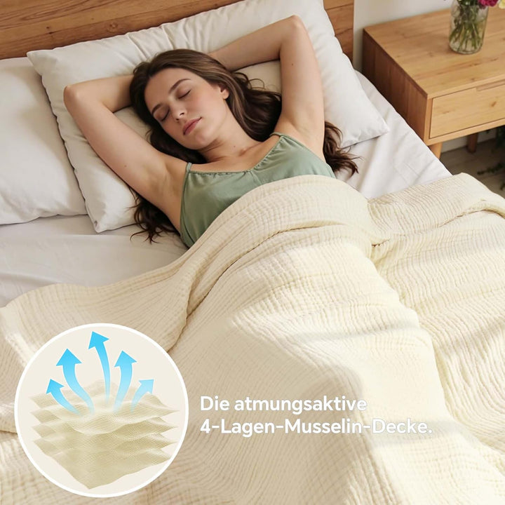 BEDELITE Musselin Decke 127x177cm Erwachsene Tagesdecke Baumwolle, Creme | weiche &amp; atmungsaktive 4-