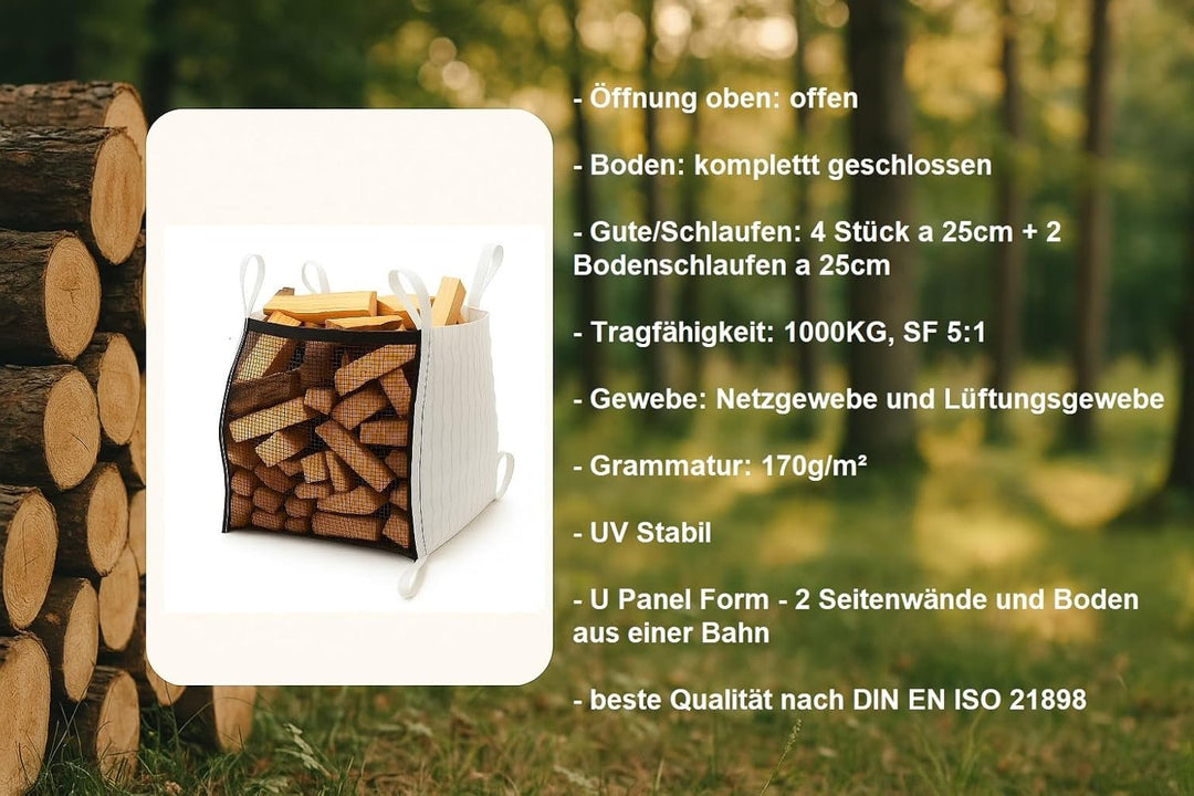 Woodbag Holz Big Bag Netzgewebe und Lüftungsgewebe mit Ventilationsstreifen geschlossener Boden 100x