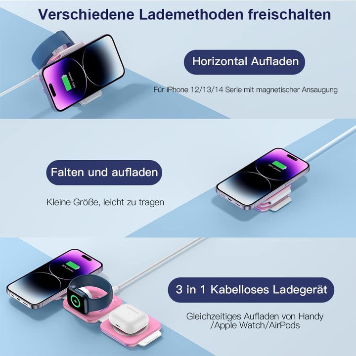 ZUMSEY 3 in 1 Faltbar Kabelloses Ladegerät, Magnetische Ladestation Kompatibel mit iPhone 15 14 13 1